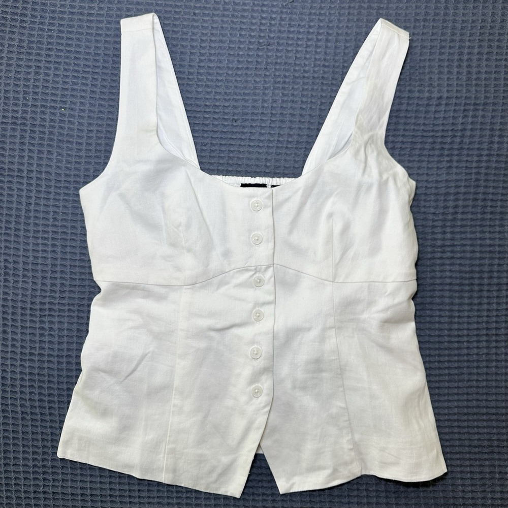 GAP Linen Blend Button Front Tank Top White Small S Sleeveless Smocked Back